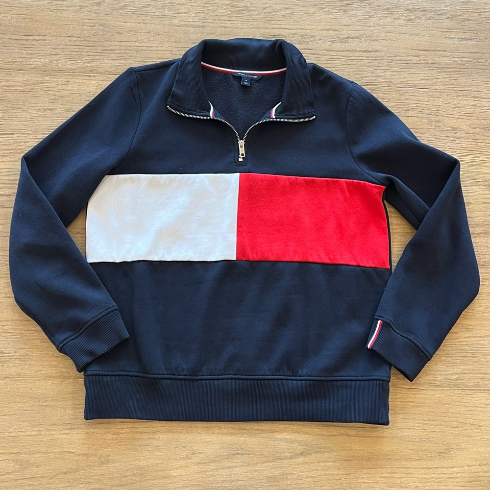 Tommy Hilfiger Quarter Zip Jacket Sweatshirt Colorblock Logo Red White Navy Blue